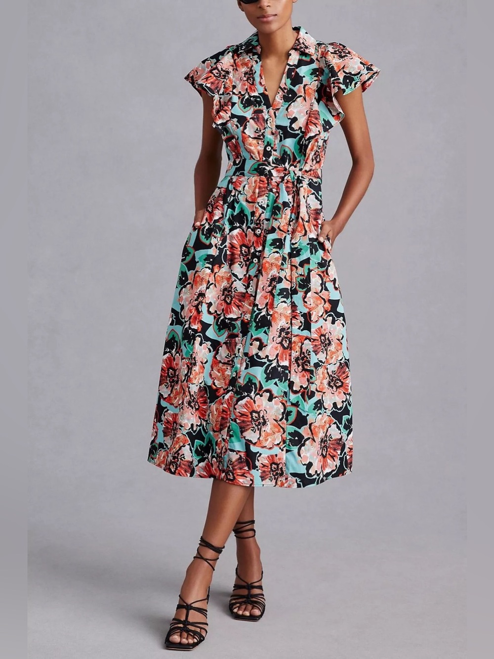 Anthropologie Maeve Flutter-Sleeve Midi Shirt Dress Multi Colored Size XXS